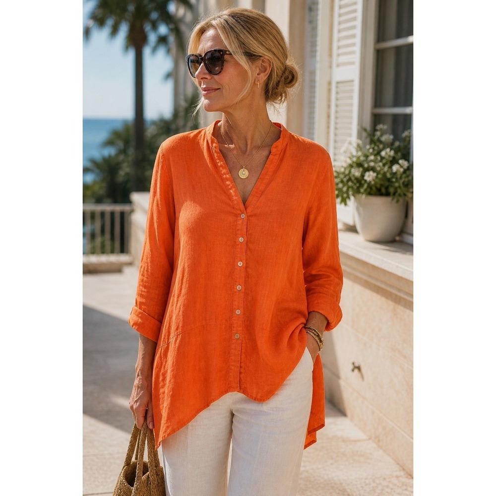 Symple NYC Linen Button Up Shirt Medium Orange Minimalist Lagenlook Beach Resort